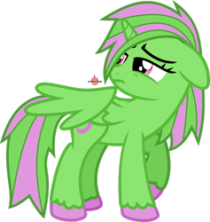 Size: 1024x1082 | Tagged: safe, artist:meteor-spark, oc, oc only, oc:moonstar, alicorn, pony, alicorn oc, green, green mane, horn, looking back, pink mane, sad, simple background, solo, striped mane, striped tail, tail, transparent background, two toned mane, two toned tail, unshorn fetlocks, watermark, wings