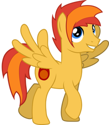 Size: 837x955 | Tagged: dead source, safe, artist:theshadowstone, oc, oc only, oc:meteor spark, pegasus, pony, full body, grin, hooves, looking up, male, pegasus oc, raised hoof, show accurate, simple background, smiling, spread wings, stallion, tail, transparent background, trotting, two toned mane, two toned tail, vector, wings