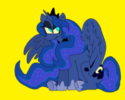 Size: 570x455 | Tagged: safe, artist:obscureterror, princess luna, alicorn, pony, g4, evil smile, eyeshadow, female, grin, looking back, makeup, mare, simple background, sitting, smiling, solo, yellow background