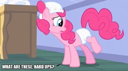 Size: 907x500 | Tagged: safe, artist:thor-disciple, screencap, pinkie pie, earth pony, pony, baby cakes, g4, season 2, caption, changing table, diaper, image macro, multiple diapers, non-baby in diaper, text