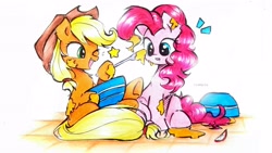 Size: 3852x2167 | Tagged: safe, artist:liaaqila, applejack, pinkie pie, earth pony, pony, g4, apple, baking, batter, bowl, commission, duo, emanata, female, food, high res, lesbian, ship:applepie, shipping, simple background, traditional art, white background