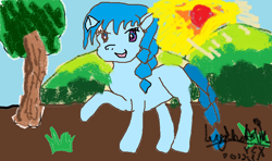 Size: 848x502 | Tagged: safe, artist:ocellus (欧塞勒斯), pony, 1000 hours in ms paint, blue eyes, braid, grass, hill, sun, tree