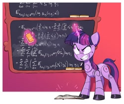 Size: 1200x1007 | Tagged: safe, artist:fanzeem, fifteen.ai, part of a set, twilight sparkle, gynoid, pony, robot, robot pony, unicorn, g4, ai voice, angry, book, chalk, chalkboard, crunch, female, math, roboticization, solo, twibot, unicorn twilight