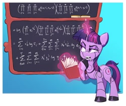 Size: 1200x1007 | Tagged: safe, artist:fanzeem, fifteen.ai, part of a set, twilight sparkle, gynoid, pony, robot, robot pony, unicorn, g4, ai voice, book, chalkboard, female, math, roboticization, solo, thinking, twibot, unicorn twilight