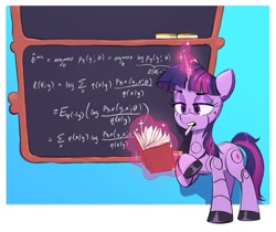 Size: 1200x1007 | Tagged: safe, artist:fanzeem, fifteen.ai, part of a set, twilight sparkle, gynoid, pony, robot, robot pony, unicorn, g4, book, chalkboard, female, math, roboticization, solo, thinking, twibot, unicorn twilight