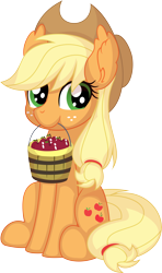 Size: 4918x8326 | Tagged: safe, artist:cyanlightning, applejack, earth pony, pony, g4, .svg available, absurd resolution, apple, bucket, cute, ear fluff, female, food, hat, jackabetes, mare, mouth hold, simple background, sitting, smiling, solo, transparent background, vector