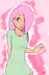 Size: 660x1015 | Tagged: safe, artist:storyteller, fluttershy, human, g4, ear piercing, earring, humanized, jewelry, looking at you, necklace, piercing, smiling, wave