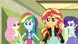 Size: 3410x1920 | Tagged: safe, screencap, fluttershy, rainbow dash, rarity, sunset shimmer, equestria girls, g4, my little pony equestria girls: friendship games, bracelet, clothes, crossed arms, cutie mark on clothes, female, hairpin, hallway, high res, jacket, jewelry, leather, leather jacket, lockers