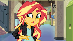 Size: 3410x1920 | Tagged: safe, screencap, sunset shimmer, equestria girls, g4, my little pony equestria girls: friendship games, clothes, female, hallway, high res, jacket, leather, leather jacket, lockers, open mouth, solo