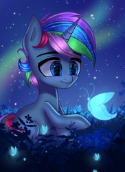 Size: 2800x3840 | Tagged: safe, artist:opal_radiance, oc, oc only, oc:azure star (fauli1221), butterfly, pony, unicorn, commission, cute, glowing, high res, night, solo, ych result