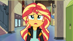 Size: 3410x1920 | Tagged: safe, screencap, sunset shimmer, equestria girls, g4, my little pony equestria girls: friendship games, clothes, female, high res, jacket, leather, leather jacket, lockers, open mouth, solo