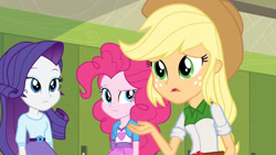 Size: 3410x1920 | Tagged: safe, screencap, applejack, pinkie pie, rarity, equestria girls, g4, my little pony equestria girls: friendship games, applejack's hat, belt, cowboy hat, female, hat, high res, lockers, open mouth, trio