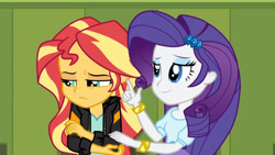 Size: 3410x1920 | Tagged: safe, screencap, rarity, sunset shimmer, equestria girls, friendship games, g4, bracelet, clothes, duo, female, hairpin, high res, jacket, jewelry, leather, leather jacket, lockers, smiling