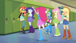 Size: 3410x1920 | Tagged: safe, screencap, applejack, fluttershy, pinkie pie, rainbow dash, rarity, sunset shimmer, human, equestria girls, g4, my little pony equestria girls: friendship games, ^^, applejack's hat, belt, belt buckle, boots, bracelet, canterlot high, clothes, cowboy boots, cowboy hat, cute, cutie mark on clothes, denim, denim skirt, eyes closed, female, grin, hairpin, hallway, hat, high heel boots, high res, humane five, jacket, jewelry, leather, leather jacket, lockers, open mouth, open smile, raribetes, shoes, shyabetes, skirt, smiling
