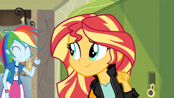 Size: 3410x1920 | Tagged: safe, screencap, rainbow dash, sunset shimmer, human, equestria girls, friendship games, g4, ^^, canterlot high, clothes, cute, cutie mark on clothes, dashabetes, duo, duo female, eyes closed, female, high res, jacket, leather, leather jacket, lockers, smiling, thumbs up