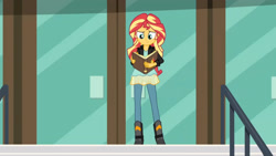 Size: 3410x1920 | Tagged: safe, screencap, sunset shimmer, equestria girls, friendship games, g4, book, boots, canterlot high, clothes, female, high heel boots, high res, jacket, leather, leather jacket, shoes, solo