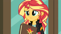 Size: 3410x1920 | Tagged: safe, screencap, sunset shimmer, equestria girls, friendship games, g4, book, canterlot high, clothes, female, high res, jacket, leather, leather jacket, solo