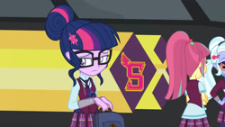 Size: 3410x1920 | Tagged: safe, screencap, sci-twi, sour sweet, sugarcoat, twilight sparkle, equestria girls, g4, my little pony equestria girls: friendship games, backpack, female, glasses, high res, magic capture device, offscreen character, solo focus