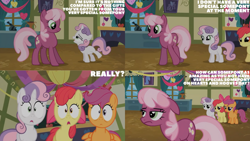 Size: 1280x720 | Tagged: safe, edit, edited screencap, editor:quoterific, screencap, apple bloom, cheerilee, scootaloo, sweetie belle, earth pony, pegasus, pony, unicorn, g4, hearts and hooves day (episode), season 2, adorabloom, apple bloom's bow, bow, chalkboard, cute, cutie mark crusaders, diasweetes, female, filly, floppy ears, foal, hair bow, mare, open mouth, open smile, ponyville schoolhouse, shrunken pupils, smiling, text