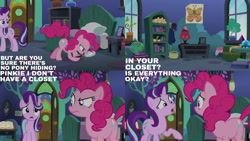 Size: 1280x720 | Tagged: safe, edit, edited screencap, editor:quoterific, screencap, pinkie pie, starlight glimmer, earth pony, pony, unicorn, g4, season 8, the maud couple, duo, female, mare, open mouth, open smile, smiling, text