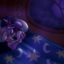 Size: 4096x4096 | Tagged: safe, artist:ladylullabystar, twilight sparkle, oc, oc:lullaby star, alicorn, pony, g4, absurd resolution, bed, cuddling, golden oaks library, rain, sleeping, twilight sparkle (alicorn), window