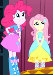 Size: 1920x2730 | Tagged: safe, screencap, fluttershy, pinkie pie, eqg summertime shorts, equestria girls, g4, make up shake up, bare shoulders, clothes, cropped, cutie mark on clothes, duo, duo female, fall formal outfits, female, hairpin, hand on hip, sleeveless, smiling, strapless