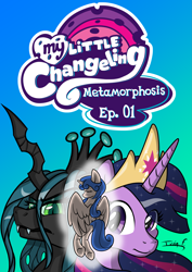 Size: 2481x3508 | Tagged: safe, artist:memprices, queen chrysalis, twilight sparkle, oc, oc:heart love, oc:princess heart love, alicorn, changeling, changeling queen, pony, comic:metamorphosis, behind, comic, cover, crown, eye clipping through hair, eyebrows, eyebrows visible through hair, female, frown, high res, jewelry, logo, looking at you, my little x, older, older twilight, regalia, simple background, twilight sparkle (alicorn), wings