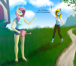 Size: 4000x3500 | Tagged: safe, artist:darky_wings, fluttershy, oc, oc:cuteamena, anthro, plantigrade anthro, comic:troubles of being breezie, g4, belly button, bow, clothes, comic, commission, feet, garden, gardening, grass, humanized, midriff, nail polish, one-panel comic, sandals, text, toenail polish, unaware, walking, watering can, wave