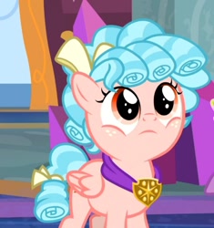 Size: 672x716 | Tagged: safe, screencap, cozy glow, pegasus, pony, g4, school raze, season 8, cozybetes, cute, female, filly, foal, frown, looking up, solo