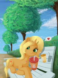 Size: 3543x4724 | Tagged: safe, artist:lin feng, sunflower spectacle, pony, unicorn, g4, bench, cloud, cute, drink, heart, magic, smiling, solo, tree