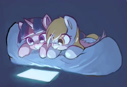 Size: 2250x1560 | Tagged: safe, artist:manicpanda, derpy hooves, twilight sparkle, alicorn, pegasus, pony, g4, cute, duo, female, lesbian, looking at something, pillow, screen, ship:twerpy, shipping, twilight sparkle (alicorn), wing blanket, winghug, wings