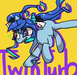 Size: 1294x1266 | Tagged: safe, artist:usapipoyoyo, earth pony, pony, crossover, female, heart, long tongue, mare, open mouth, ponified, sharp teeth, simple background, solo, teeth, tongue out, twin turbo, uma musume pretty derby, yellow background
