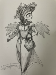 Size: 3024x4032 | Tagged: safe, artist:dawnflame, pegasus, anthro, arm hooves, clothes, dress, female, hat, looking back, solo, sun hat, traditional art
