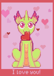 Size: 258x360 | Tagged: safe, artist:yarugreat, oc, changeling, animated, changeling oc, commission, front view, gif, hearts and hooves day, mouth hold, pixel animation, pixel art, simple background, sitting, solo, ych result
