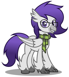 Size: 2920x3250 | Tagged: safe, artist:strategypony, oc, oc only, hippogriff, clothes, feathered wings, folded wings, glasses, grin, high res, looking at you, male, purple eyes, purple mane, scarf, simple background, smiling, smiling at you, solo, transparent background, wings