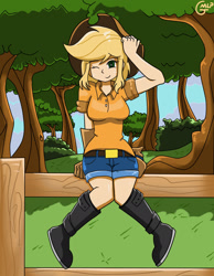 Size: 1280x1646 | Tagged: safe, artist:genericmlp, applejack, human, g4, clothes, fence, hat, humanized, shirt, shorts, solo