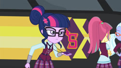 Size: 3410x1920 | Tagged: safe, screencap, sci-twi, sour sweet, sugarcoat, twilight sparkle, human, equestria girls, g4, my little pony equestria girls: friendship games, clothes, crystal prep academy uniform, eyes closed, female, glasses, hair bun, high res, magic capture device, necktie, offscreen character, pleated skirt, ponytail, school tie, school uniform, schoolgirl, skirt