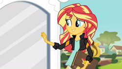 Size: 3410x1920 | Tagged: safe, screencap, sunset shimmer, equestria girls, g4, my little pony equestria girls: friendship games, book, clothes, female, high res, jacket, leather, leather jacket, smiling, solo, statue