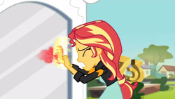 Size: 3410x1920 | Tagged: safe, screencap, sunset shimmer, equestria girls, g4, my little pony equestria girls: friendship games, clothes, eyes closed, female, high res, jacket, leather, leather jacket, solo, statue, teeth