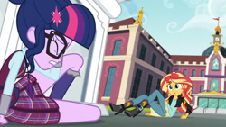 Size: 3410x1920 | Tagged: safe, screencap, sci-twi, sunset shimmer, twilight sparkle, equestria girls, g4, my little pony equestria girls: friendship games, boots, canterlot high, clothes, duo, duo female, eyes closed, female, glasses, high heel boots, high res, jacket, leather, leather jacket, magic capture device, open mouth, shoes, statue