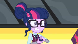 Size: 3410x1920 | Tagged: safe, screencap, sci-twi, twilight sparkle, equestria girls, g4, my little pony equestria girls: friendship games, clothes, crystal prep academy uniform, female, glasses, high res, magic capture device, necktie, school tie, school uniform, schoolgirl, solo