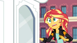 Size: 3410x1920 | Tagged: safe, screencap, sunset shimmer, equestria girls, g4, my little pony equestria girls: friendship games, canterlot high, clothes, female, high res, jacket, leather, leather jacket, open mouth, solo, statue