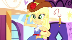 Size: 3410x1920 | Tagged: safe, screencap, applejack, equestria girls, g4, make up shake up, my little pony equestria girls: summertime shorts, bare shoulders, cowboy hat, fall formal outfits, female, hand on hip, hat, high res, sleeveless, smiling, solo, strapless