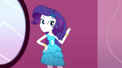 Size: 3410x1920 | Tagged: safe, screencap, rarity, equestria girls, g4, make up shake up, my little pony equestria girls: summertime shorts, bare shoulders, bracelet, fall formal outfits, female, hairpin, high res, jewelry, mirror, sleeveless, smiling, solo
