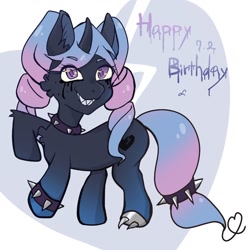 Size: 1280x1280 | Tagged: safe, artist:shellie1425, oc, oc only, oc:poyomi, pony, unicorn, collar, eye clipping through hair, female, happy birthday, horn, looking at you, mare, sharp teeth, solo, spiked collar, teeth