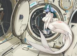 Size: 8490x6131 | Tagged: safe, artist:龙宠, oc, oc only, oc:shanher, dragon, mermaid, anthro, absurd resolution, bodypaint, breasts, clothes, dragoness, female, fins, floppy ears, horn, latex, latex suit, solo, space, space station, spacesuit, transformation, weightlessness
