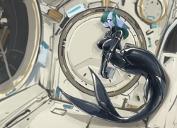 Size: 8490x6131 | Tagged: safe, artist:龙宠, oc, oc only, oc:shanher, dragon, mermaid, anthro, absurd resolution, breasts, clothes, dragoness, female, fins, floppy ears, horn, latex, latex suit, solo, space, space station, spacesuit, transformation, weightlessness