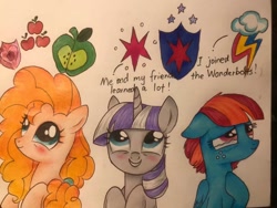 Size: 1440x1080 | Tagged: safe, artist:dawnflame, pear butter, twilight velvet, windy whistles, pony, g4, blushing, crying, female, floppy ears, tears of joy, traditional art