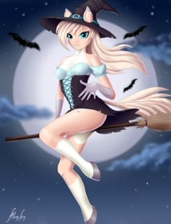 Size: 918x1200 | Tagged: safe, artist:altumsan, oc, oc only, oc:elizabeth, bat, earth pony, anthro, unguligrade anthro, breasts, broom, clothes, coat markings, commission, digital art, female, flying, flying broomstick, hat, looking at you, moon, night, pale belly, pose, socks (coat markings), solo, tail, thighs, witch hat
