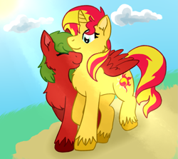 Size: 1237x1101 | Tagged: safe, artist:islomanian, sunset shimmer, oc, oc:red horse, pegasus, pony, unicorn, g4, canon x oc, cheek fluff, chest fluff, duo, duo female, ear fluff, eyes closed, female, hooves, horn, hug, lesbian, mare, outdoors, pegasus oc, shipping, smiling, tail, two toned mane, two toned tail, unshorn fetlocks, walking, winghug, wings